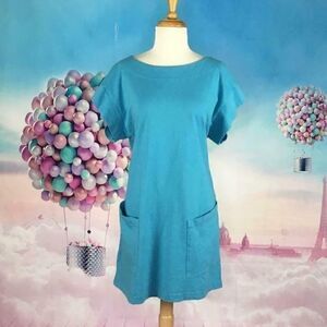 $92 Pacific Cotton US M Turquoise Cotton Shirt Dress Cottagecore Lagenlook